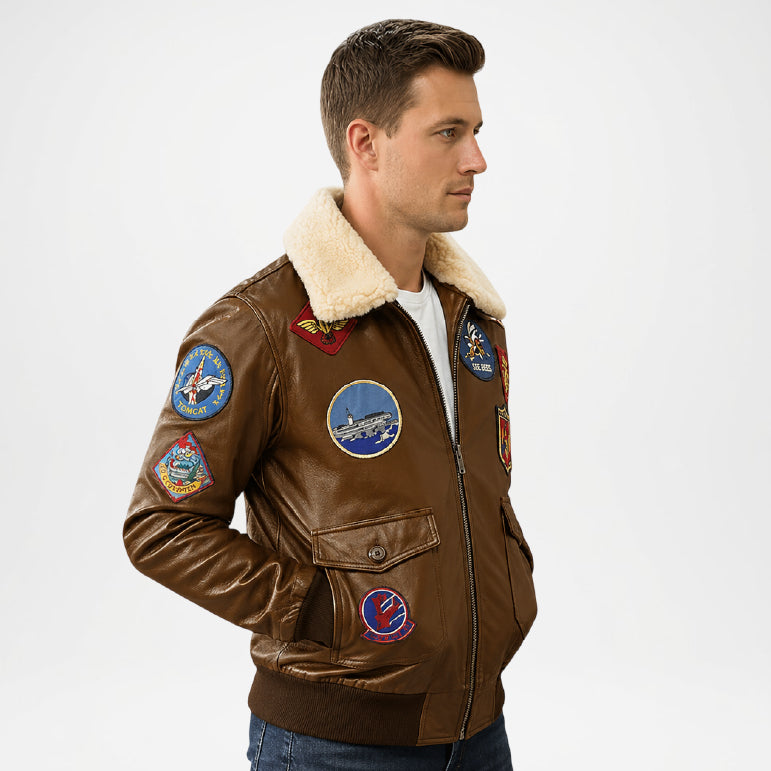 brown bomber aviator jacket