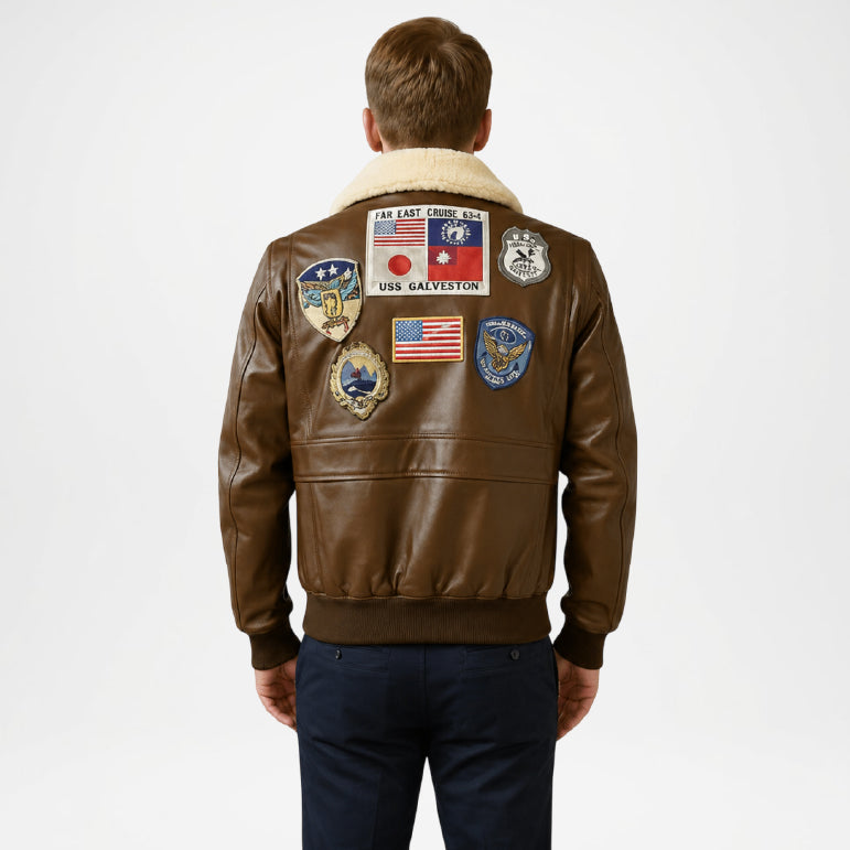 brown leather bomber aviator jacket