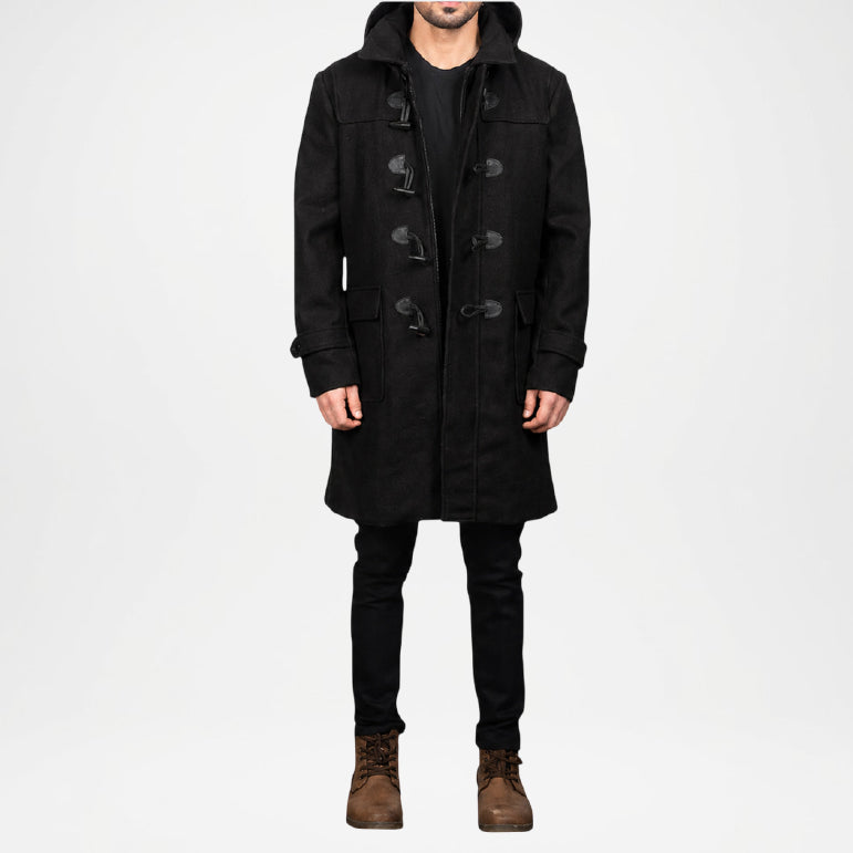 Black Hooded Duffle Coat for Men