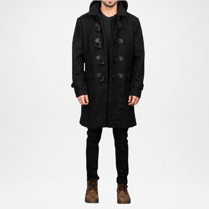 Black Hooded Duffle Coat for Men