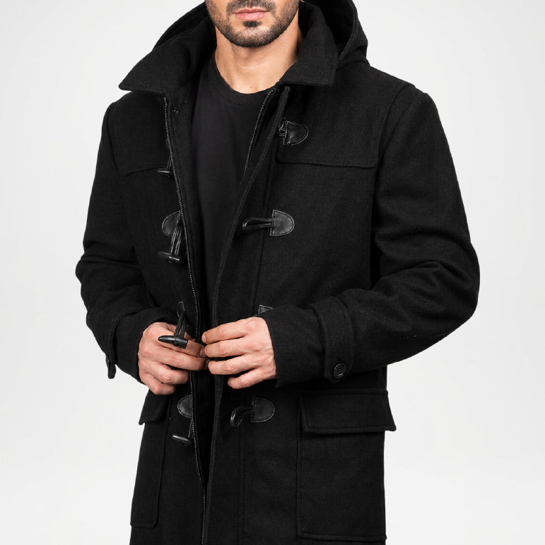 Black Hooded Duffle Coat for Men