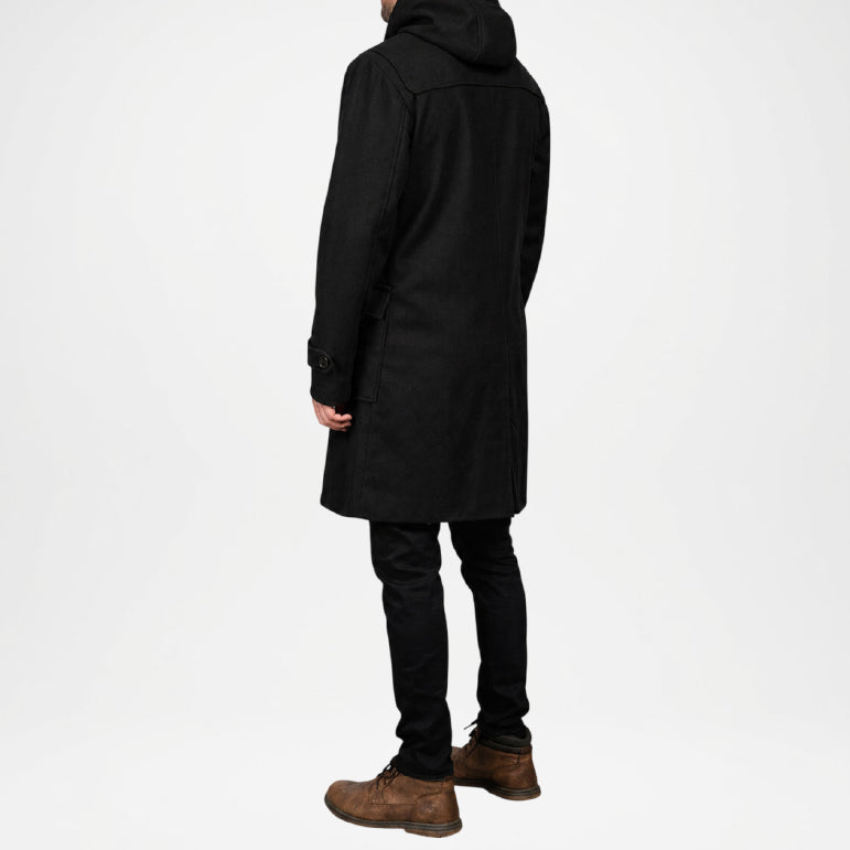 Black Hooded Duffle Coat for Men