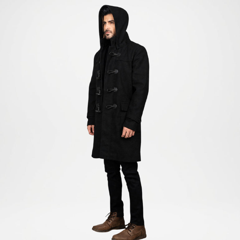 Black Hooded Duffle Coat for Men