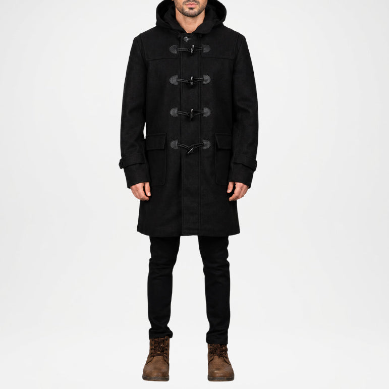Black Hooded Duffle Coat for Men