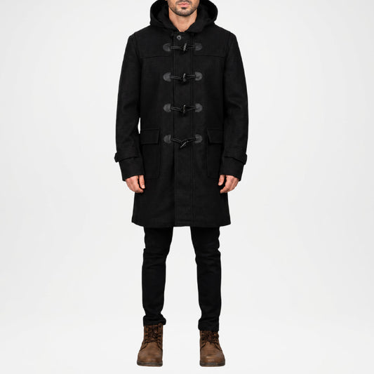 Black Hooded Duffle Coat for Men