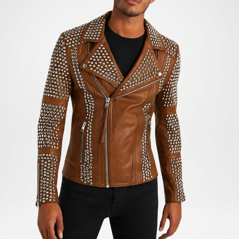 mens brown studded leather jacket