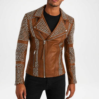 mens brown studded leather jacket