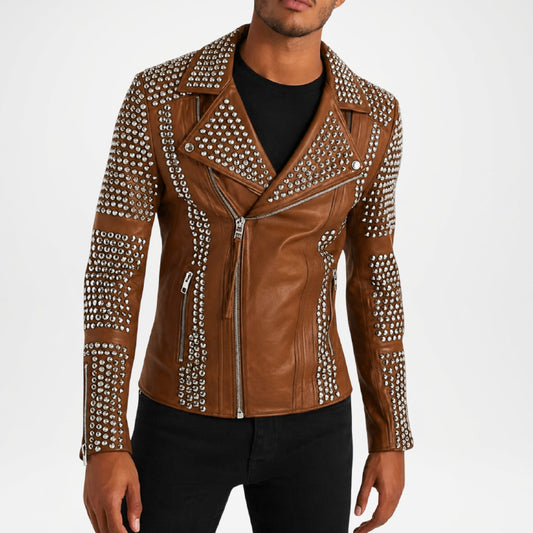 mens brown studded leather jacket