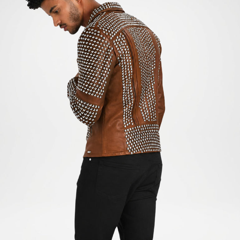brown studded moto jacket men