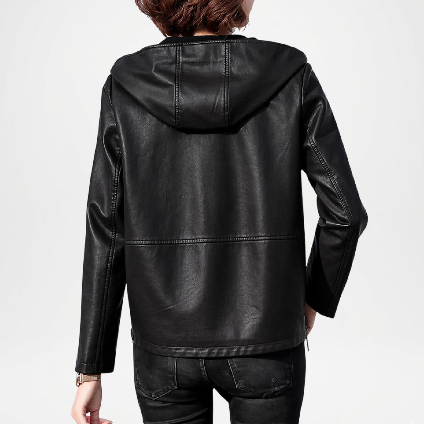 black hooded leather bomber jacket women

