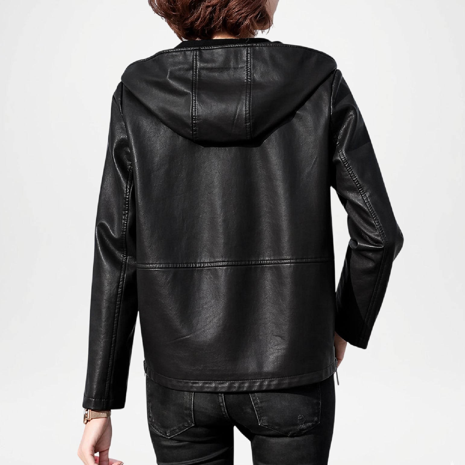 black hooded leather bomber jacket women

