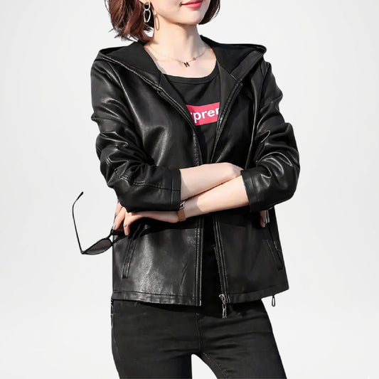  Black Hooded Leather Jacket Womens