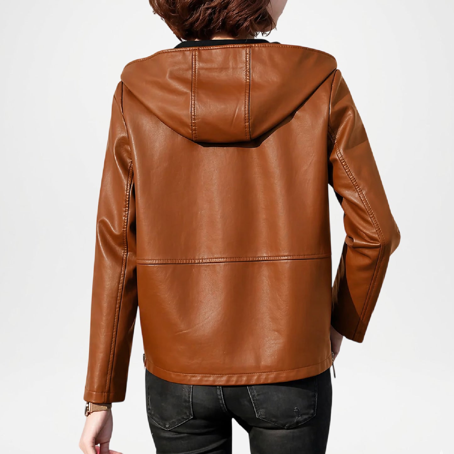 Brown leather jacket with a hood on a white background