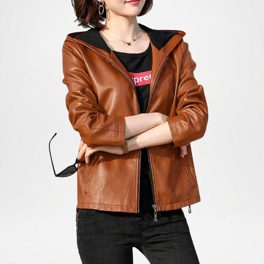 Brown Hooded Leather Jacket Womens