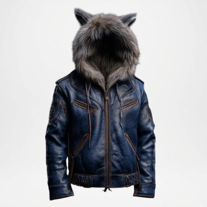 Men's Wolf Leather Jacket with Fur Hood – Blue Leather Coat