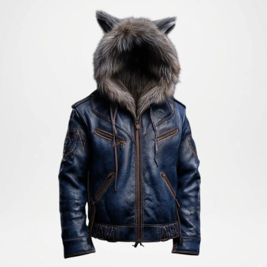 Men's Wolf Leather Jacket with Fur Hood – Blue Leather Coat