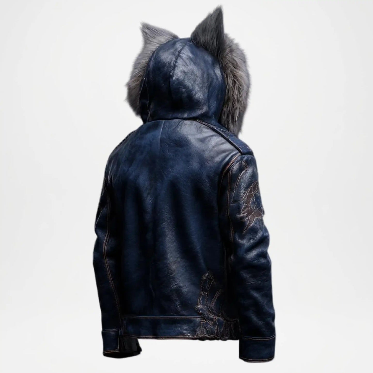 Men's Wolf Leather Jacket with Fur Hood – Blue Leather Coat