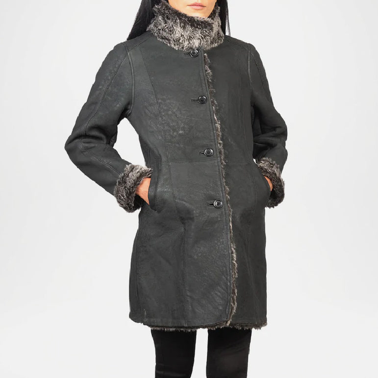 Dark gray coat with fur trim on a white background