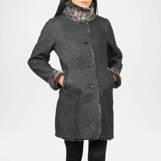 Dark gray coat with fur trim on a white background