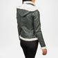 Green leather jacket back view with white fur lining 