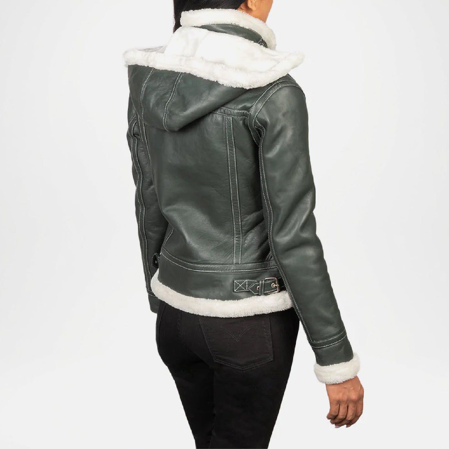 Green leather jacket back view with white fur lining 