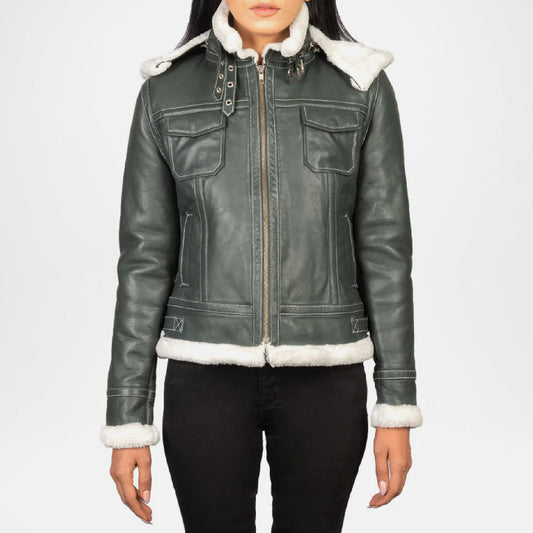 Green leather jacket with white fur trim