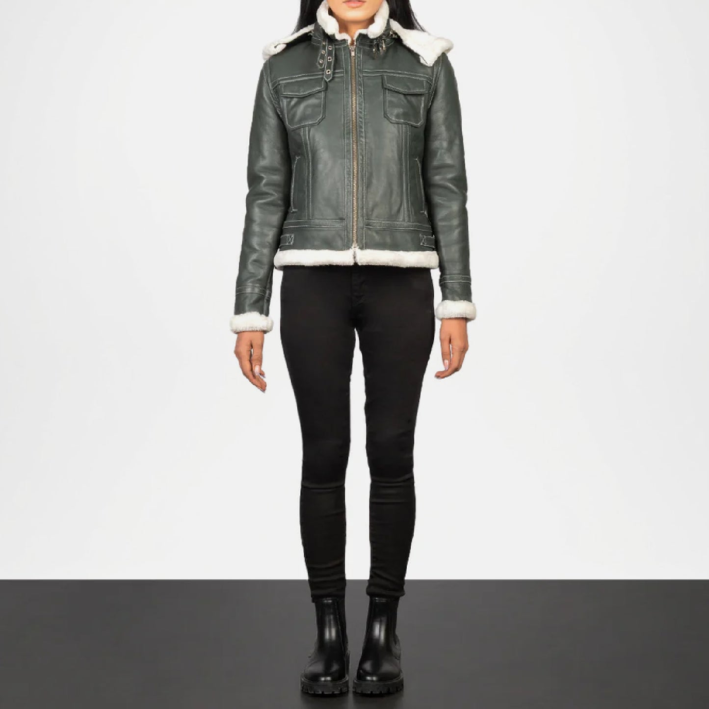 Fiona Green Shearling Leather Jacket Women
