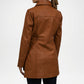 Brown leather coat worn by a person on a white background