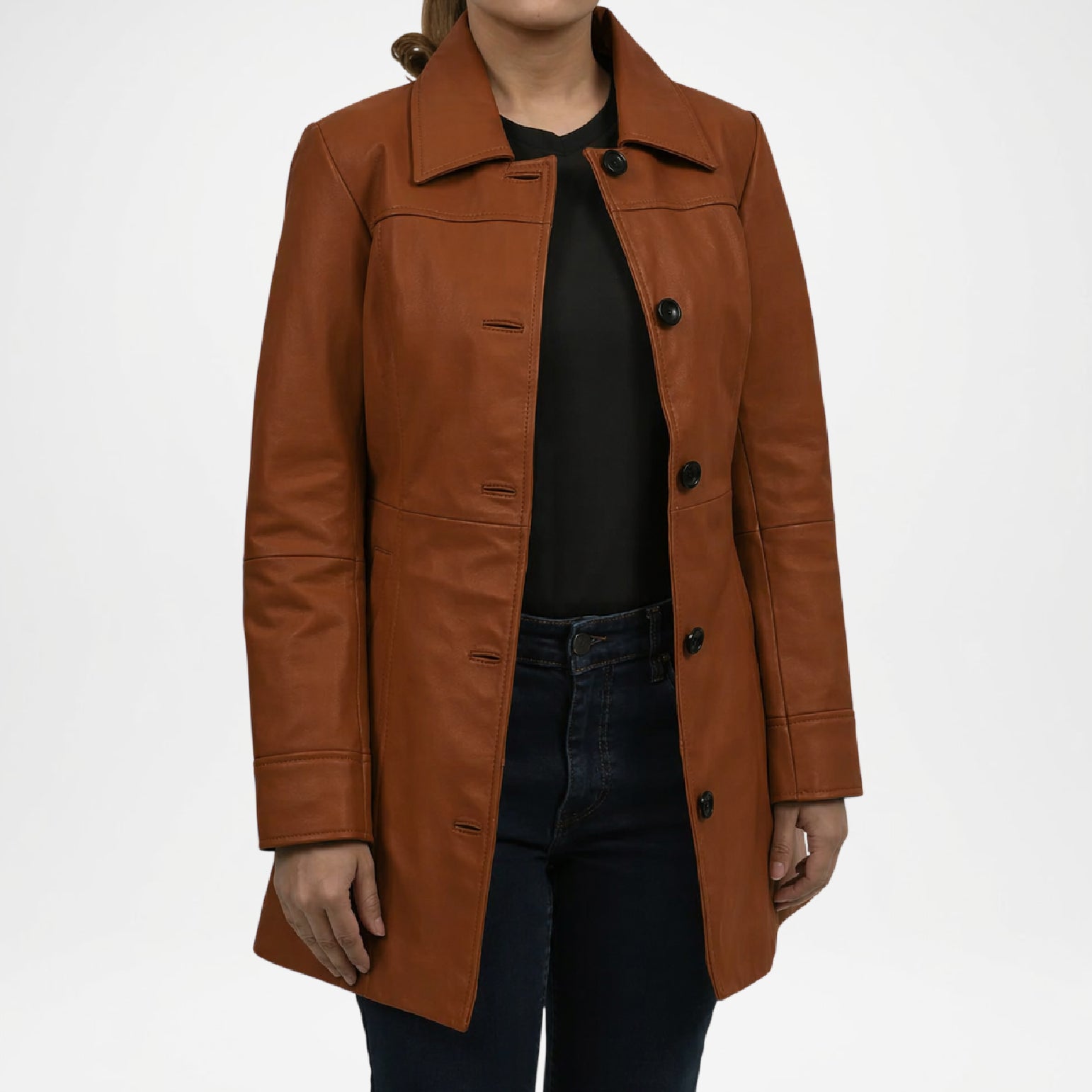 Brown leather coat worn by a person 