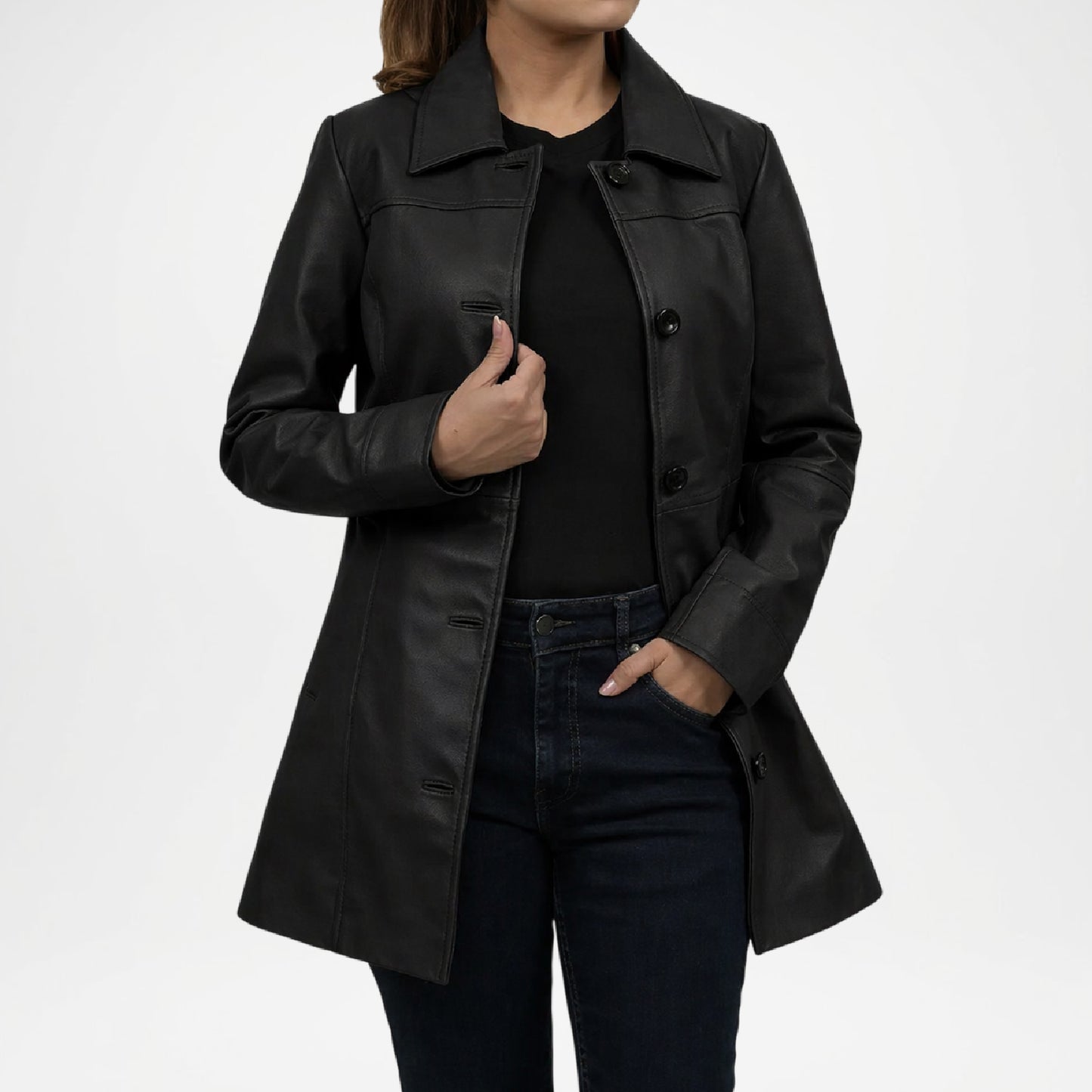 Person wearing a black coat on a white background