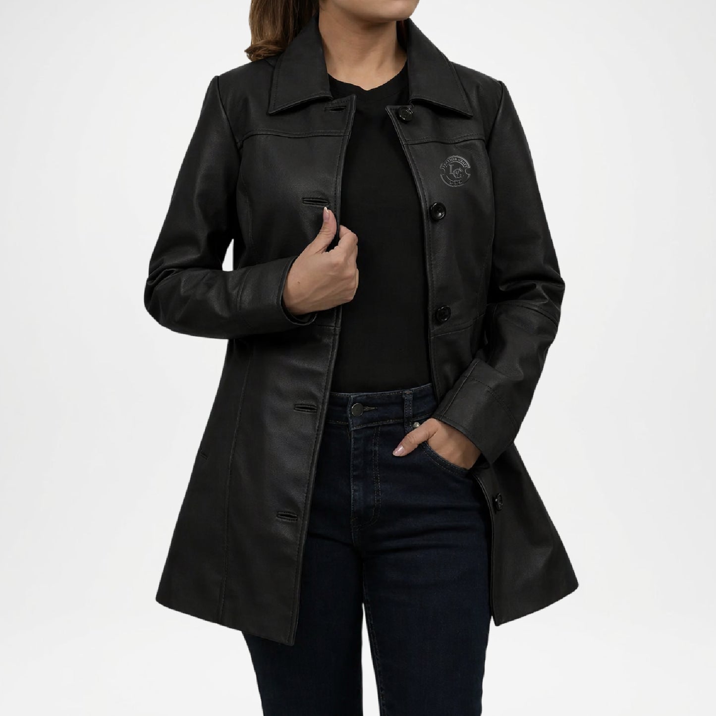 Black Lambskin Leather Car Coat for Women