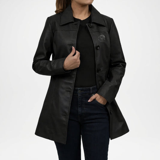 Black Lambskin Leather Car Coat for Women