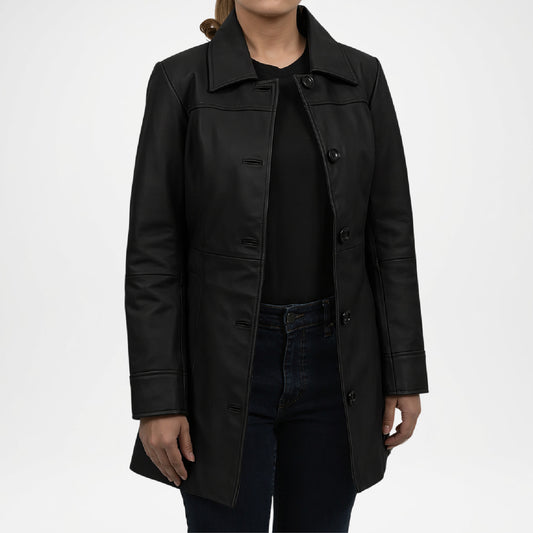 wearing a black coat on a white background