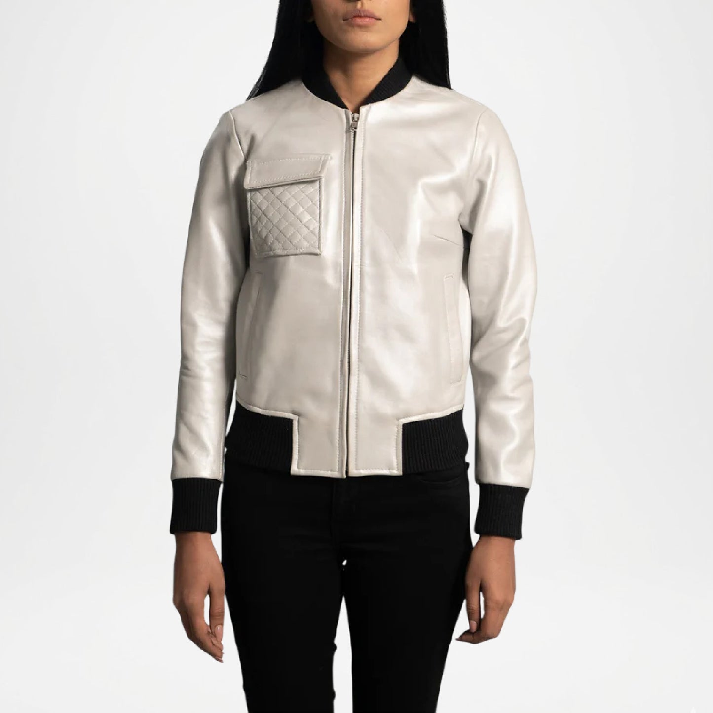 Person wearing a silver jacket with black accents on a white background