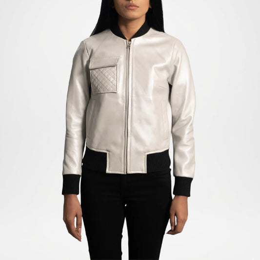 Person wearing a silver jacket with black accents on a white background
