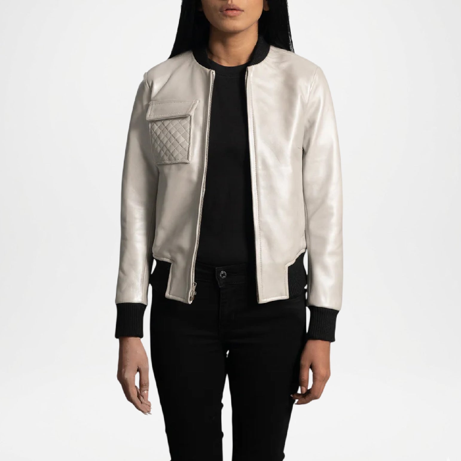 Person wearing a silver leather jacket on a white background