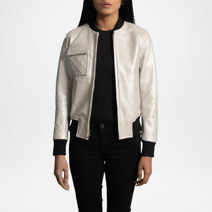 Person wearing a silver leather jacket on a white background