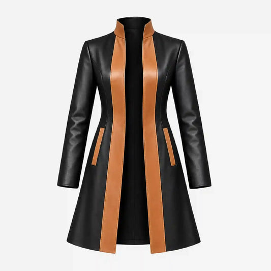 A black faux leather longline coat with prominent tan vertical panels down the front and on the side pockets, displayed on a ghost mannequin against a light gray background.