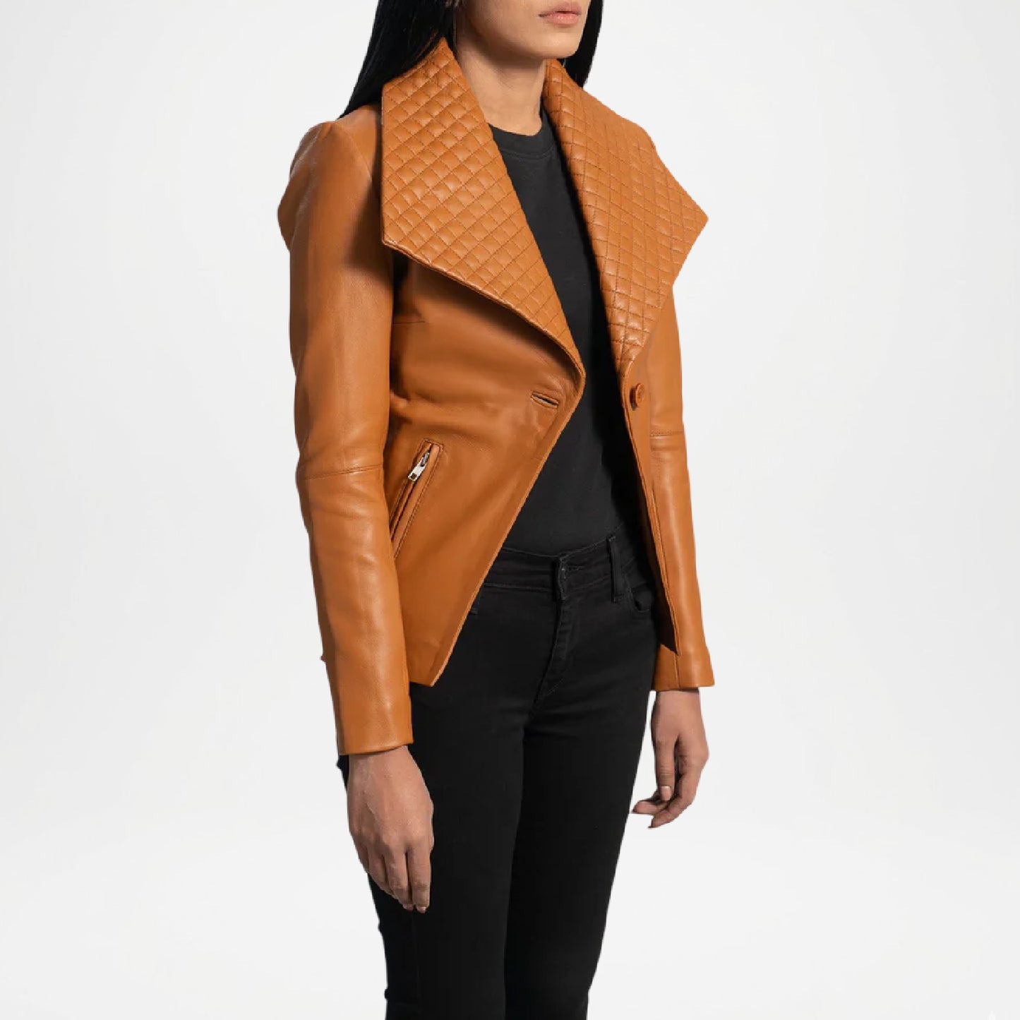 brown leather blazer women outfit