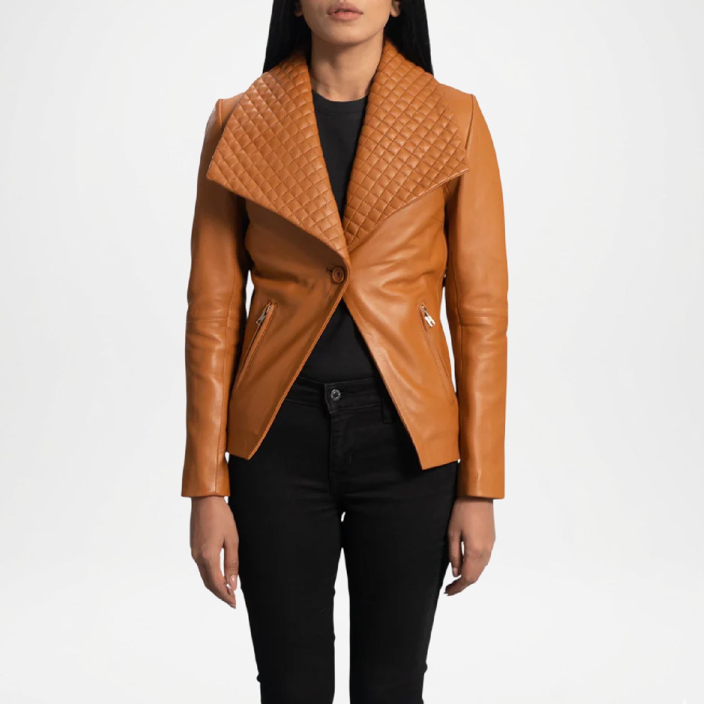 Brown leather jacket with quilted collar worn 