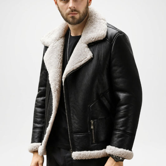 Black Shearling Aviator Bomber Jacket for Men