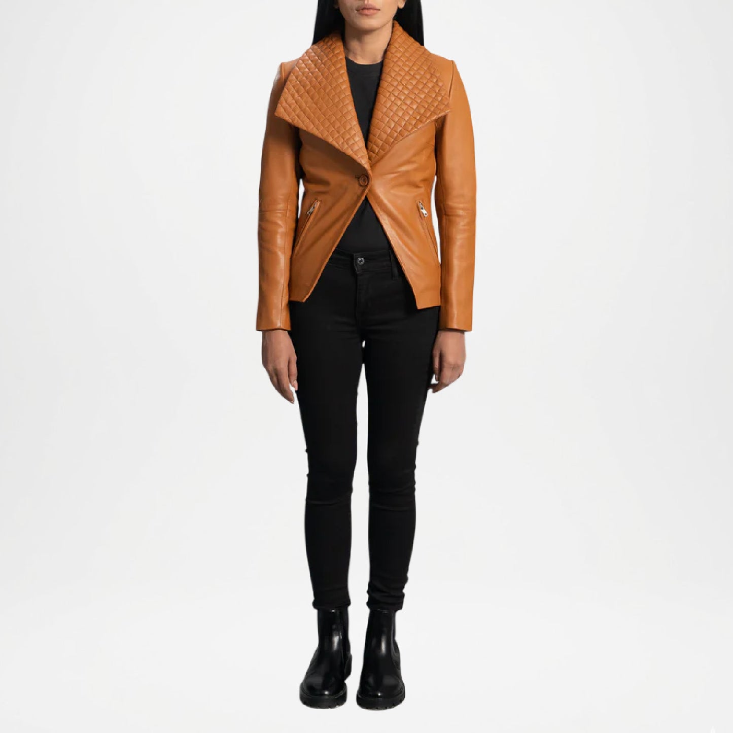wearing a brown leather jacket on a white background
