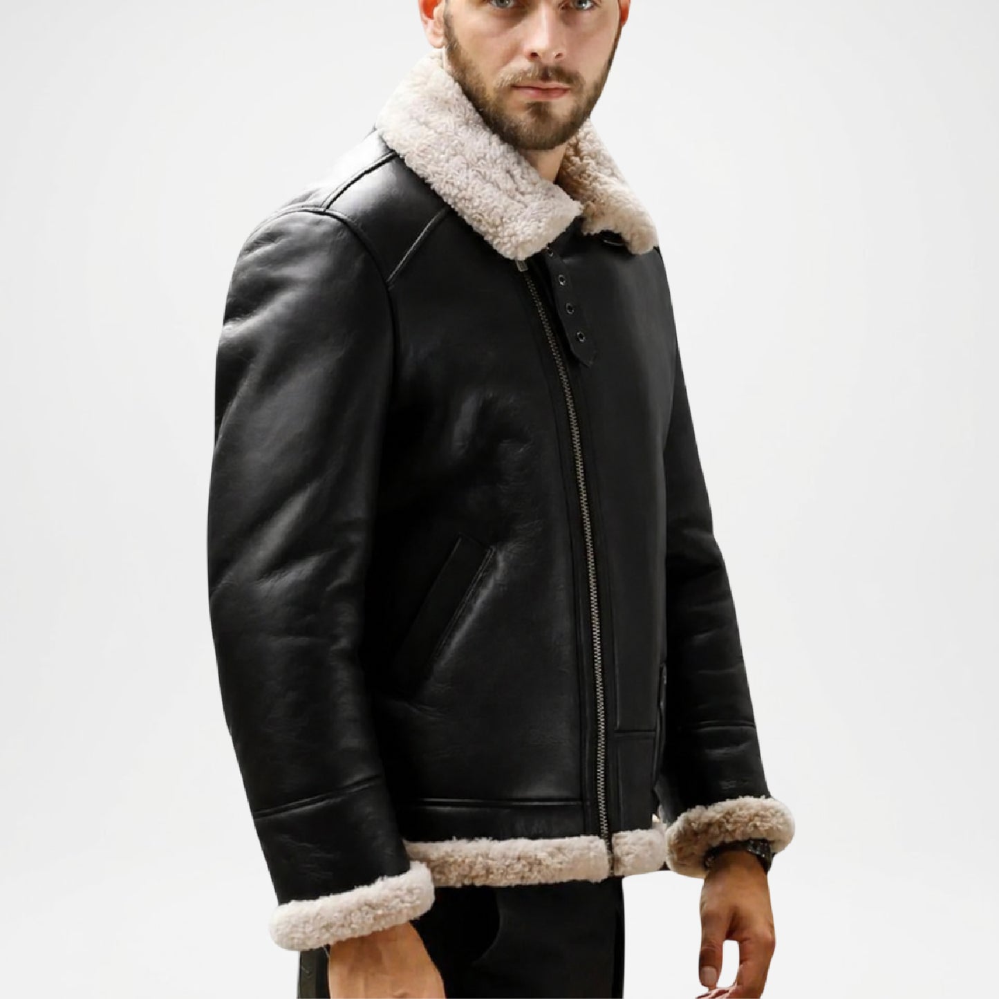 Black Shearling Aviator Bomber Jacket for Men