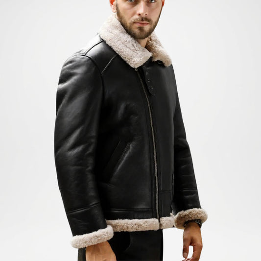 Black Shearling Aviator Bomber Jacket for Men