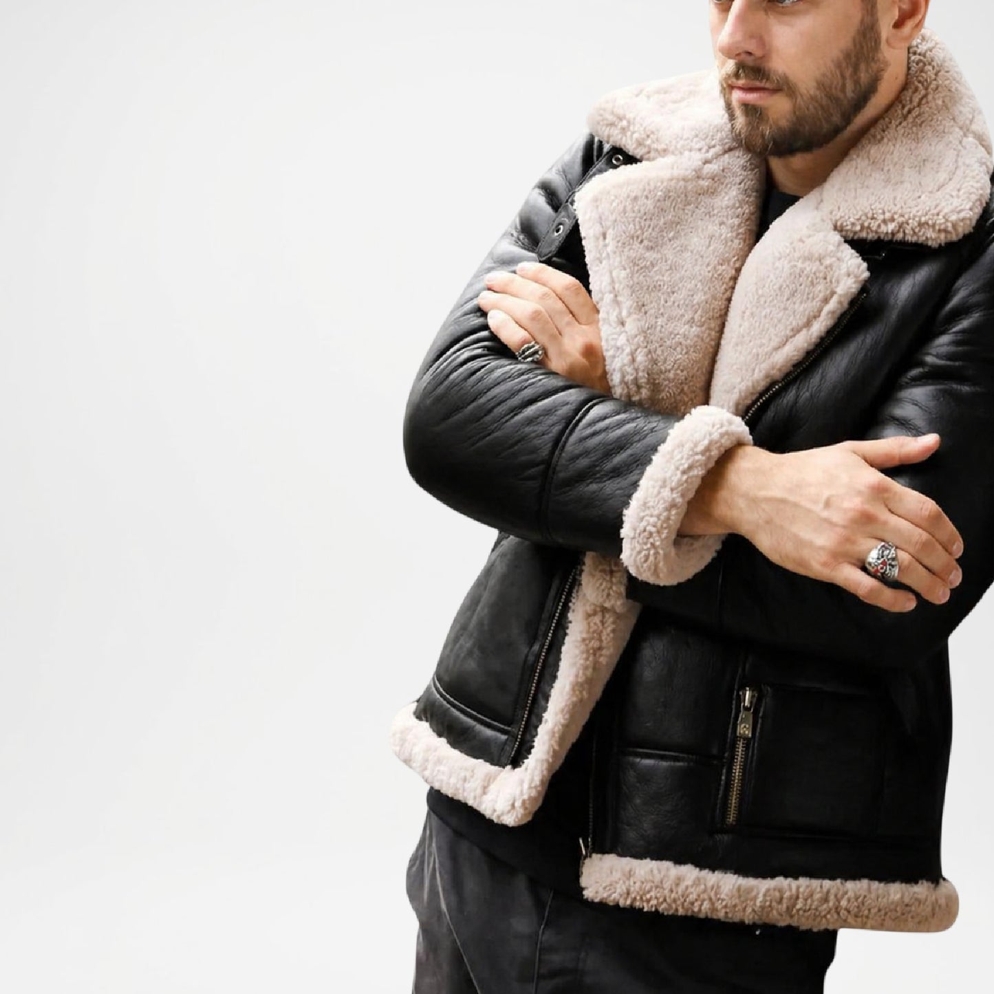 Black Shearling Aviator Bomber Jacket for Men