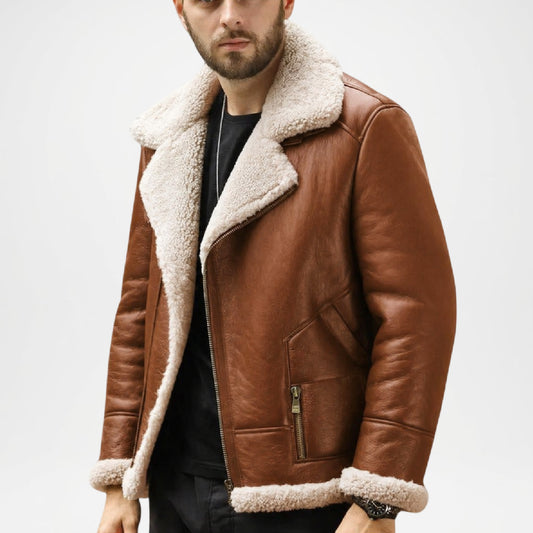 Brown Shearling Aviator Bomber Jacket for Men