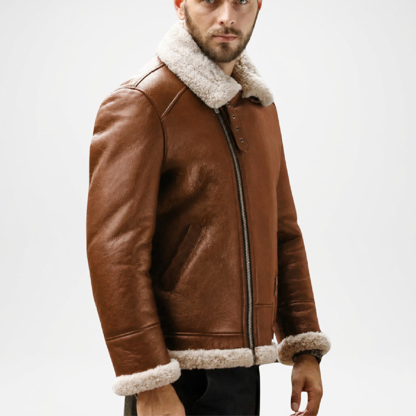 Brown Shearling Aviator Bomber Jacket for Men