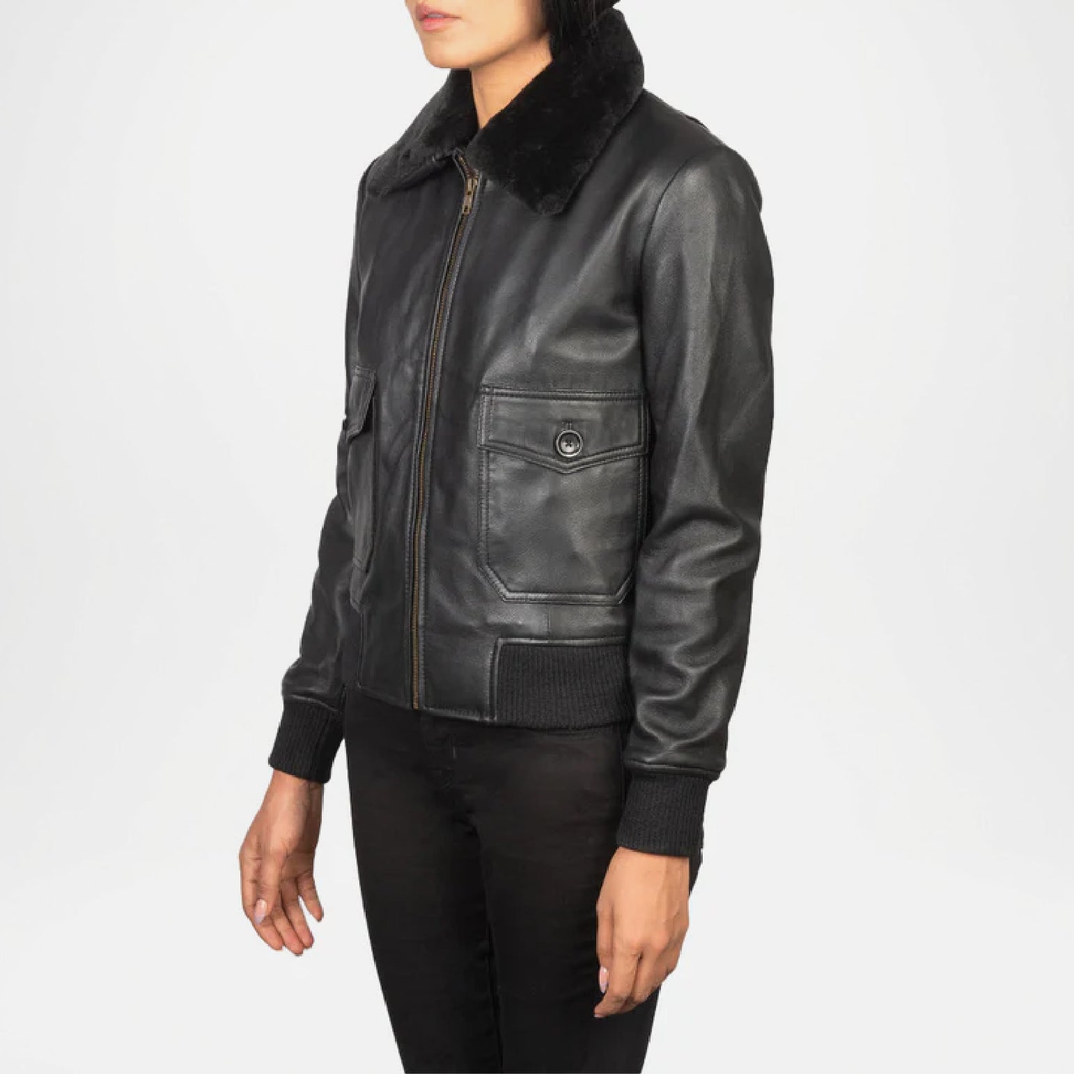 Black leather jacket with fur collar side view