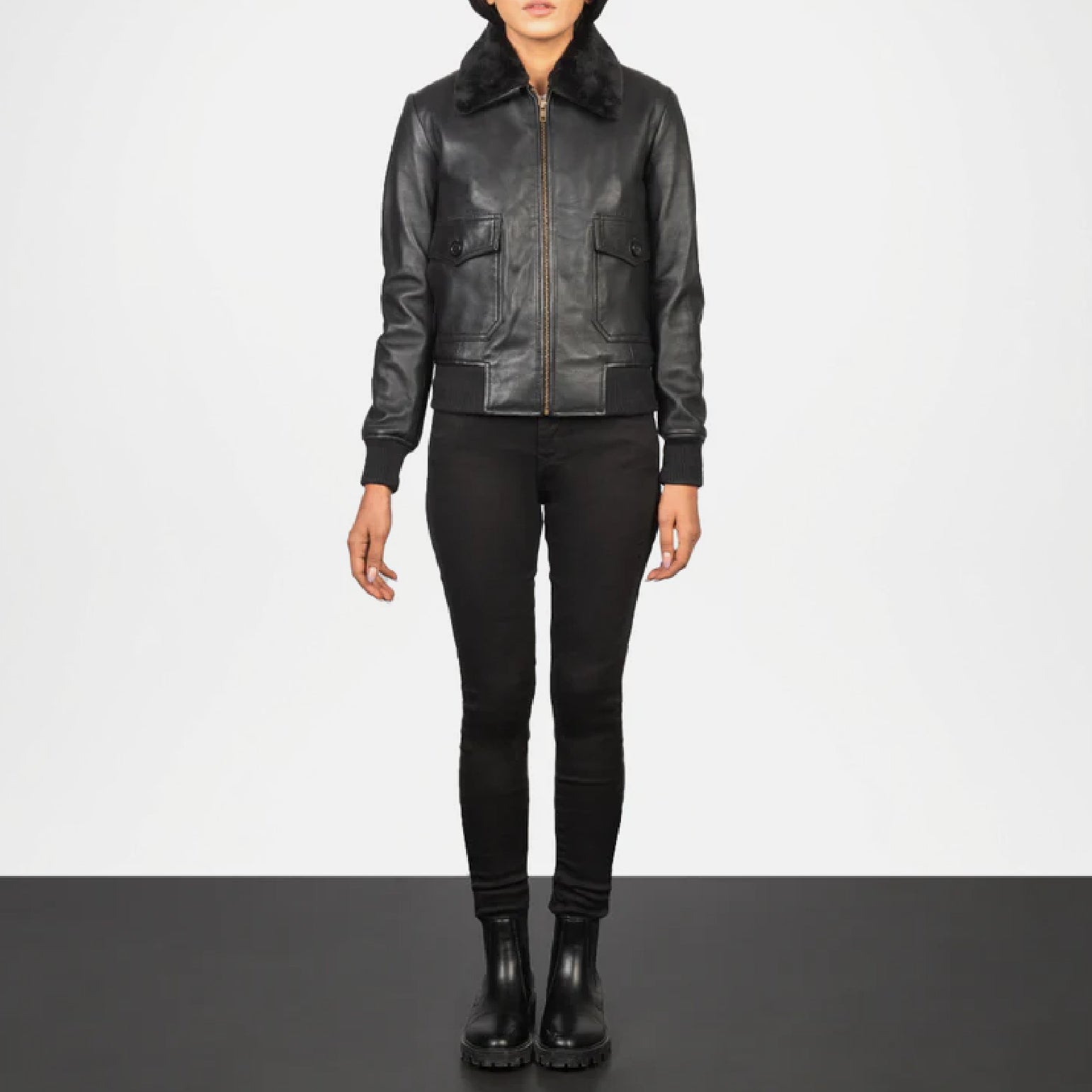 Black leather bomber jacket with fur collar 