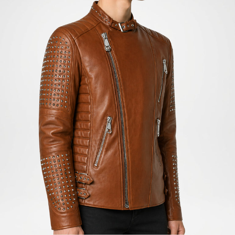 brown studded moto jacket men